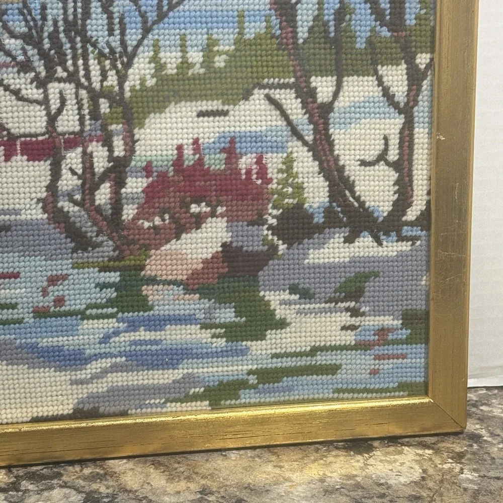 Vintage Needlepoint Framed Snow Winter Scene Red Farm House Stream Size 13 X 17